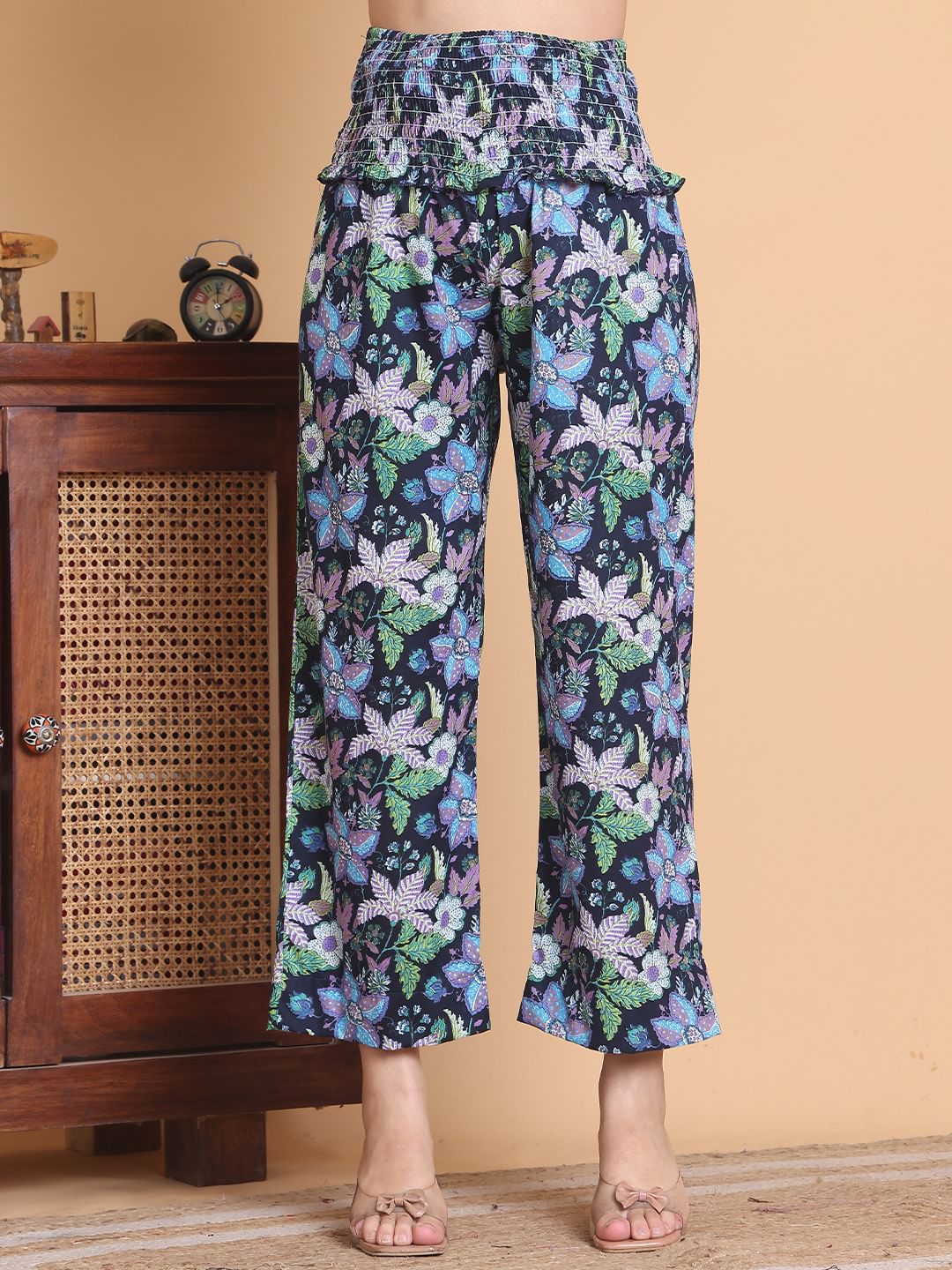 Blue Floral Cotton Calf Length Maternity Suit Sets