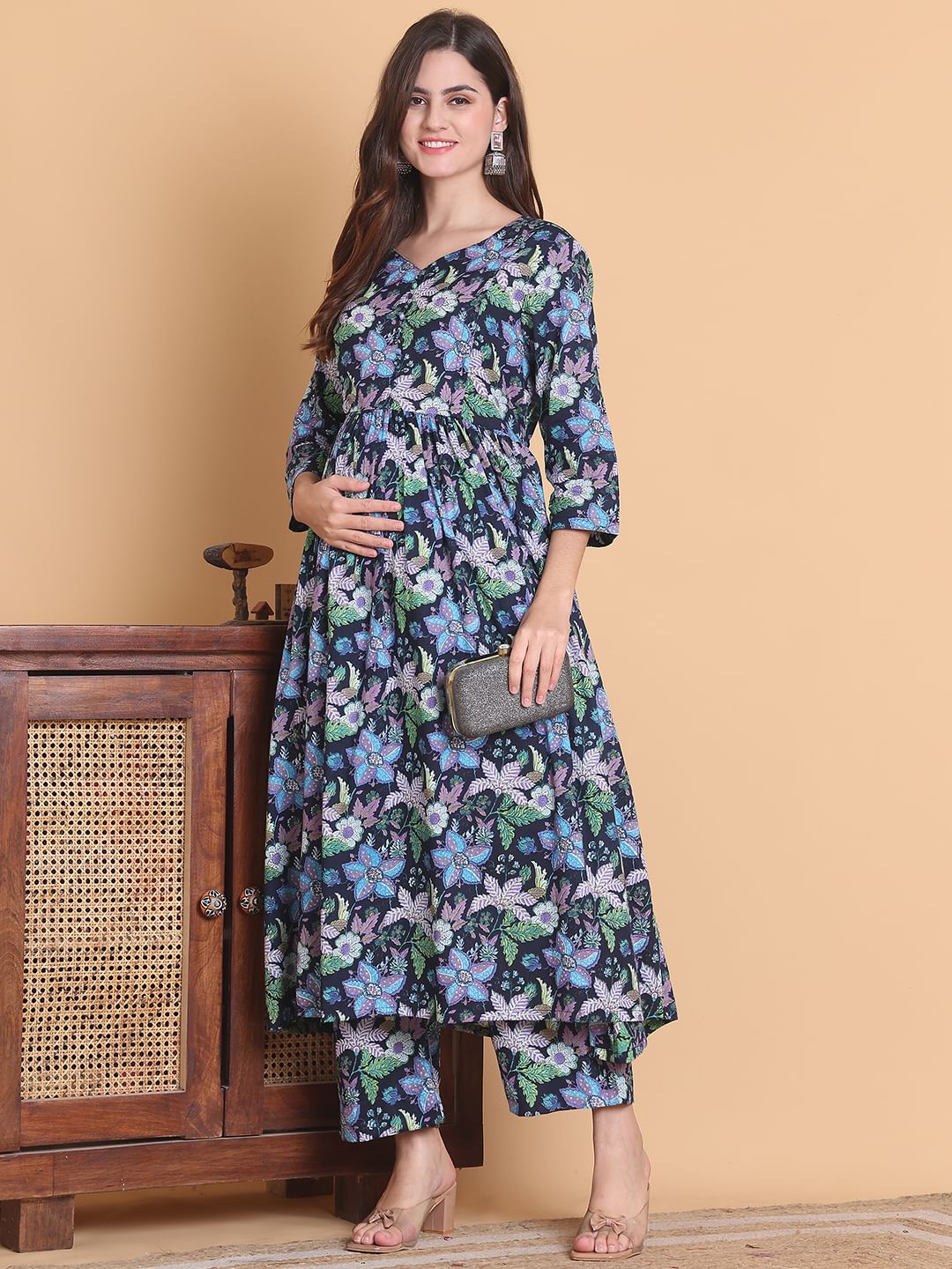 Blue Floral Cotton Calf Length Maternity Suit Sets