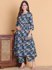 Blue Floral Cotton Calf Length Maternity Suit Sets