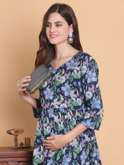 Blue Floral Cotton Calf Length Maternity Suit Sets