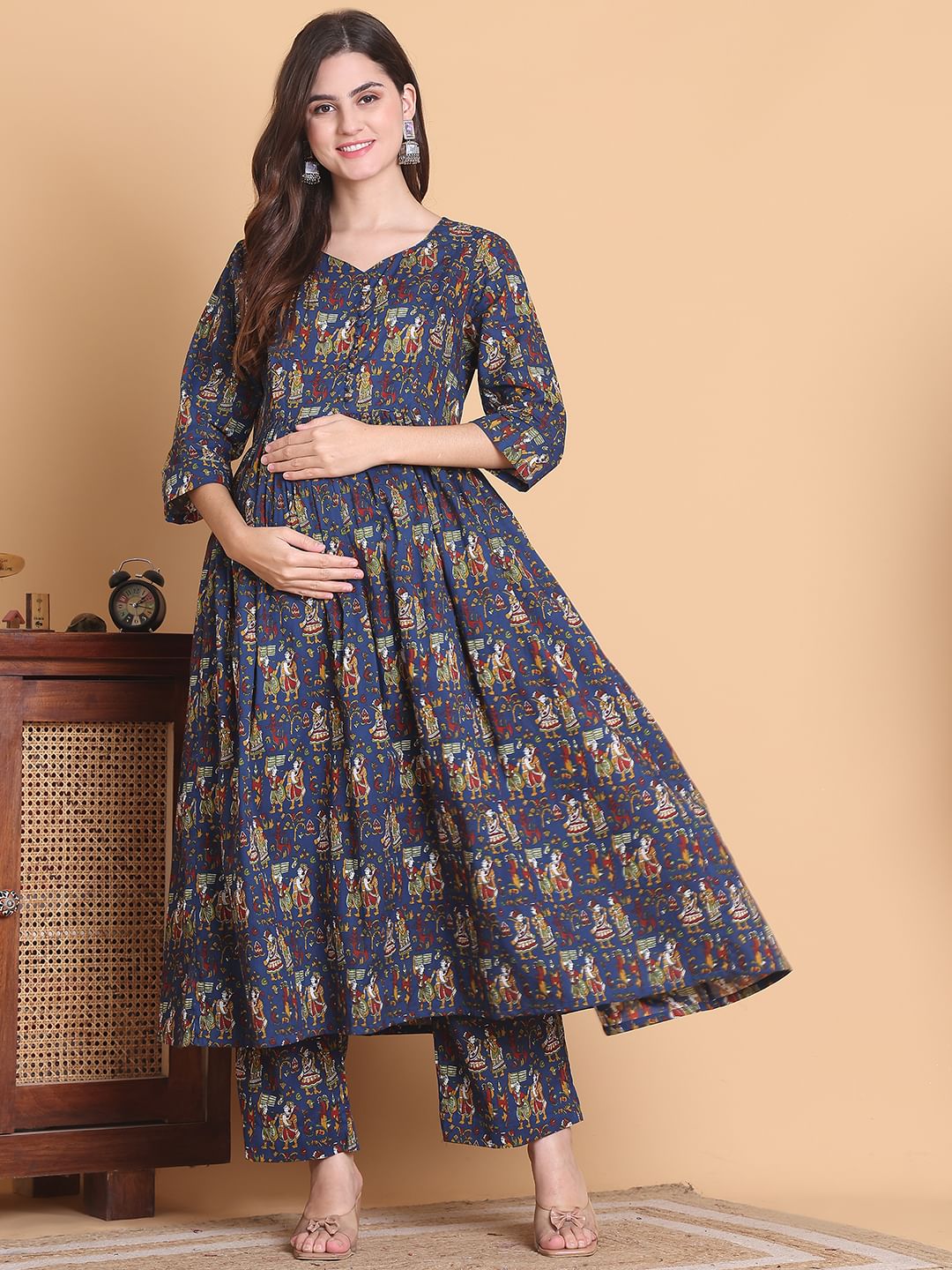 Blue Jaipuri Print Cotton Calf Length Maternity Suit Sets