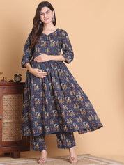Blue Jaipuri Print Cotton Calf Length Maternity Suit Sets