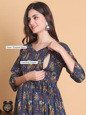 Blue Jaipuri Print Cotton Calf Length Maternity Suit Sets