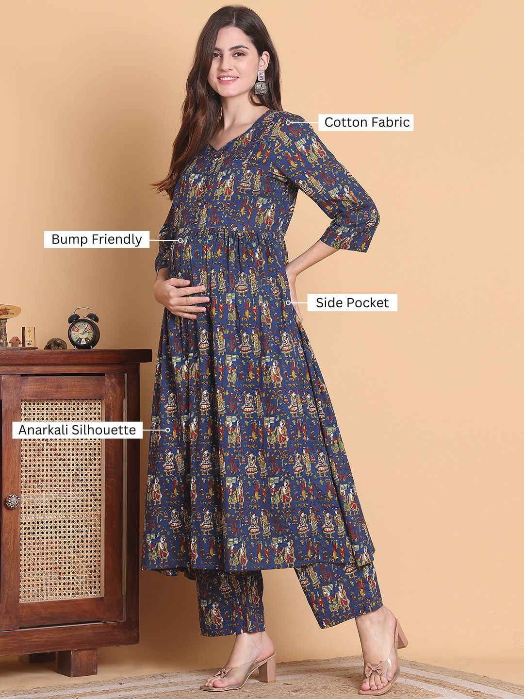Blue Jaipuri Print Cotton Calf Length Maternity Suit Sets
