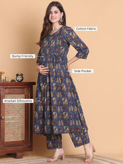 Blue Jaipuri Print Cotton Calf Length Maternity Suit Sets