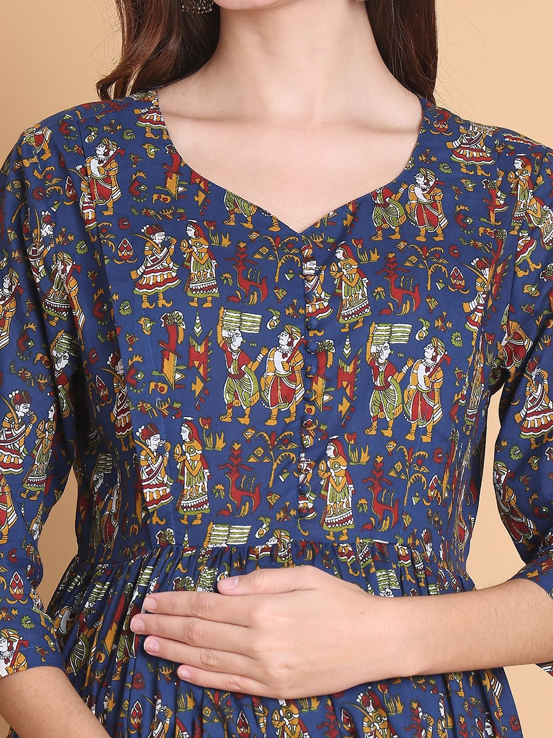 Blue Jaipuri Print Cotton Calf Length Maternity Suit Sets