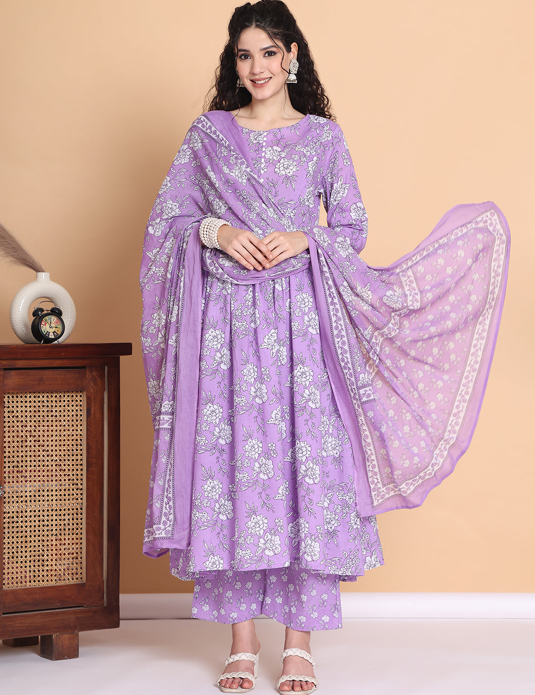 Amoha By Secret Wish Lilac Floral Cotton Maternity Kurta with Trouser and Dupatta