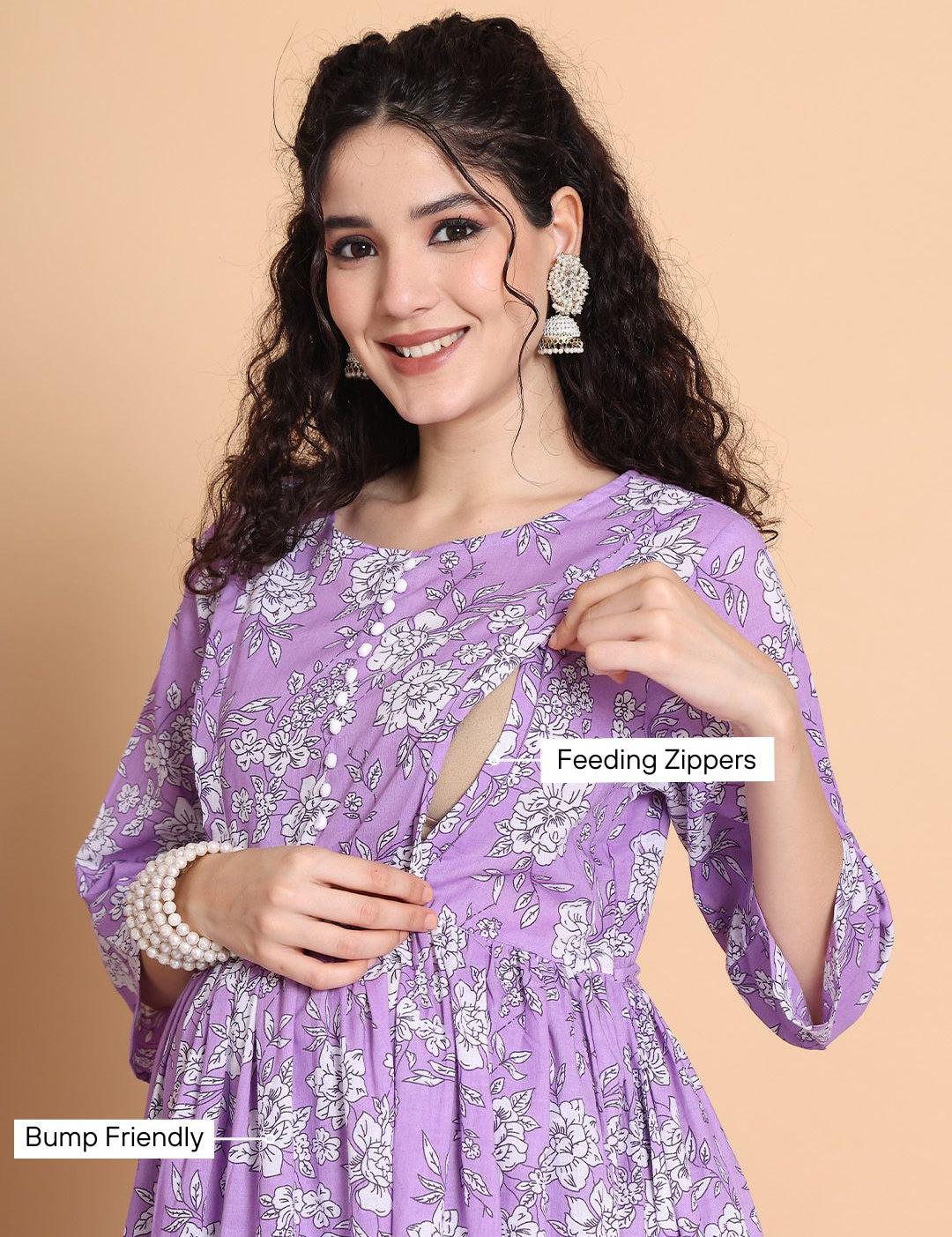 Amoha By Secret Wish Lilac Floral Cotton Maternity Kurta with Trouser and Dupatta