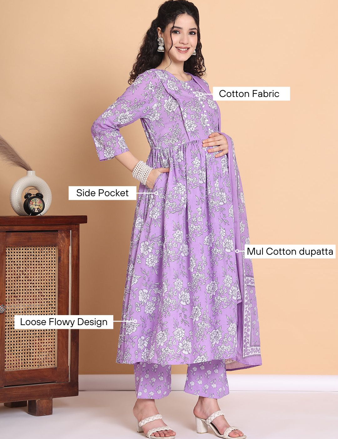 Amoha By Secret Wish Lilac Floral Cotton Maternity Kurta with Trouser and Dupatta