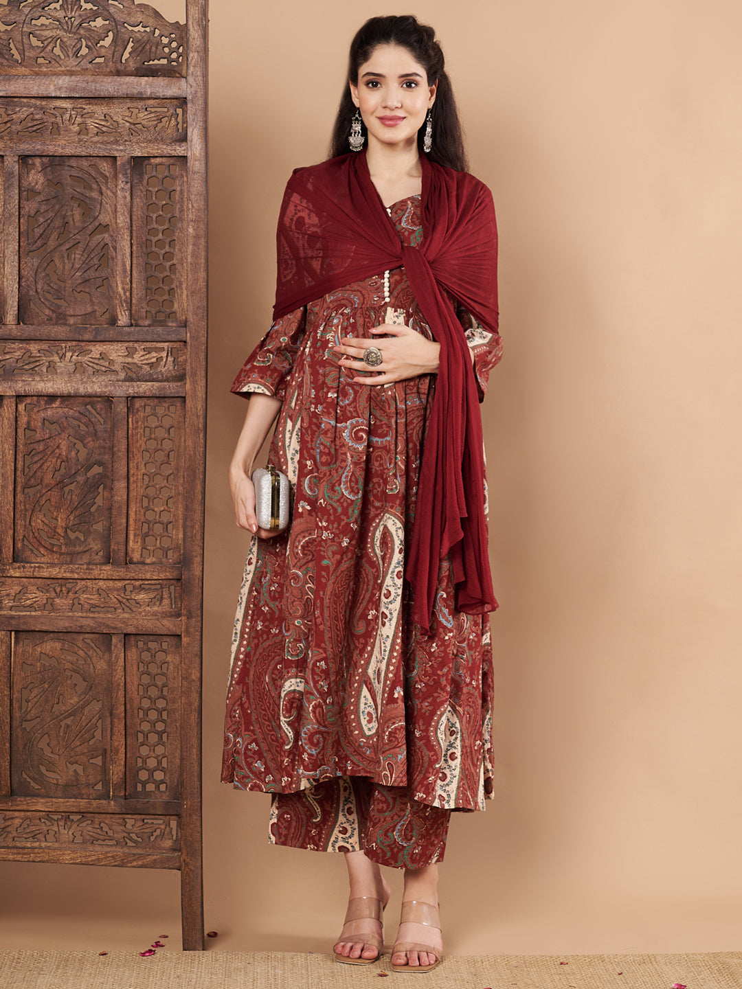 Maroon Paisley Cotton Maternity Kurta with Trouser and Dupatta