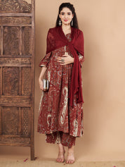 Maroon Paisley Cotton Maternity Kurta with Trouser and Dupatta