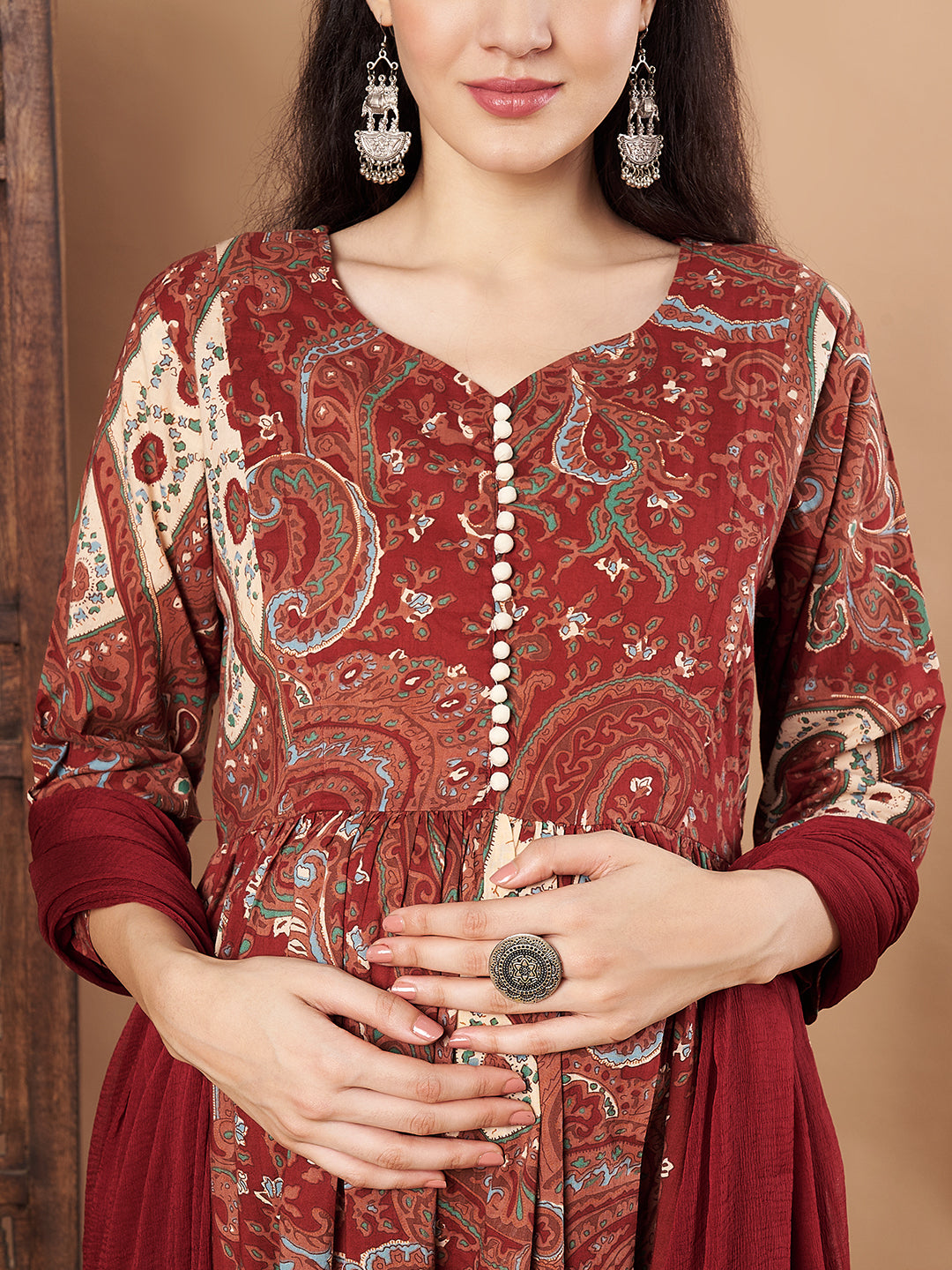 Maroon Paisley Cotton Maternity Kurta with Trouser and Dupatta