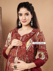 Maroon Paisley Cotton Maternity Kurta with Trouser and Dupatta