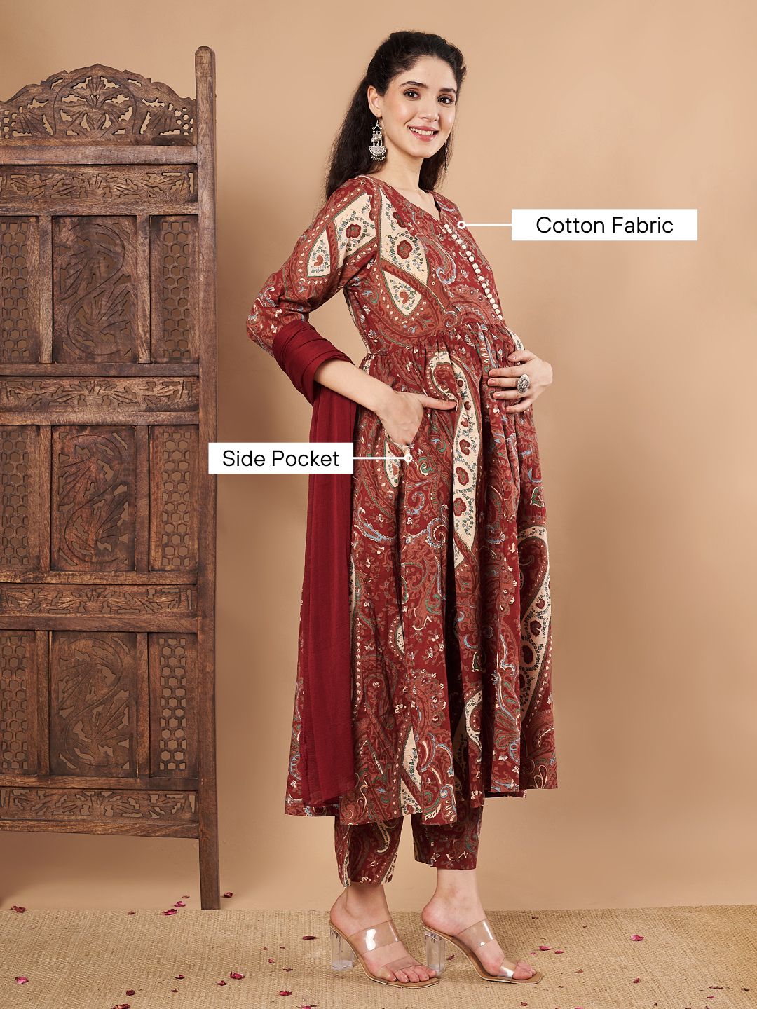 Maroon Paisley Cotton Maternity Kurta with Trouser and Dupatta