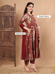 Maroon Paisley Cotton Maternity Kurta with Trouser and Dupatta