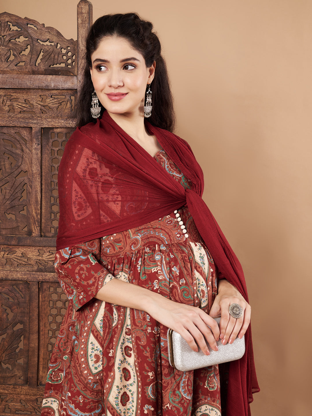 Maroon Paisley Cotton Maternity Kurta with Trouser and Dupatta
