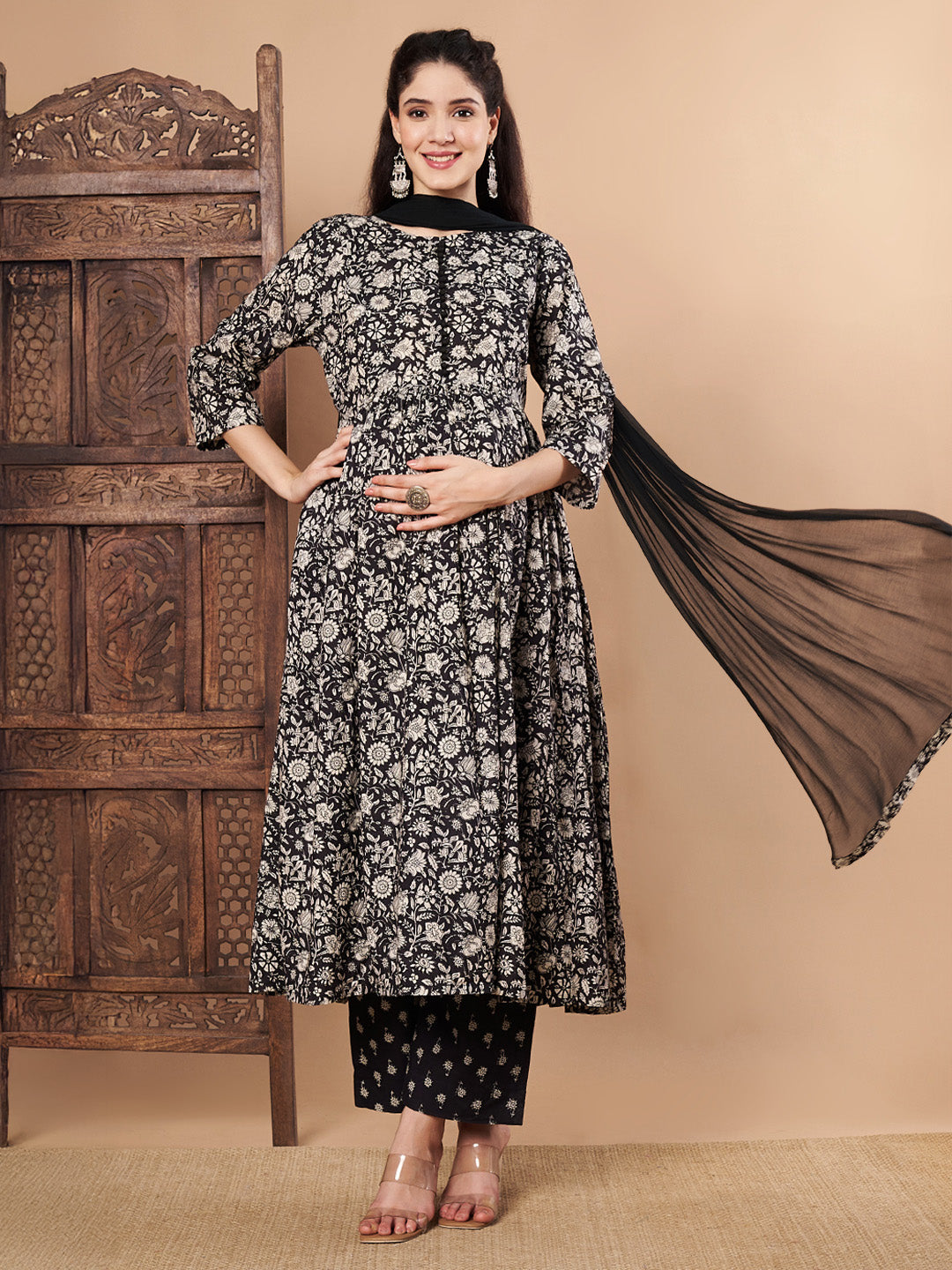 Black Floral Cotton Maternity Kurta with Trouser and Dupatta