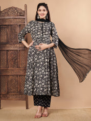 Black Floral Cotton Maternity Kurta with Trouser and Dupatta