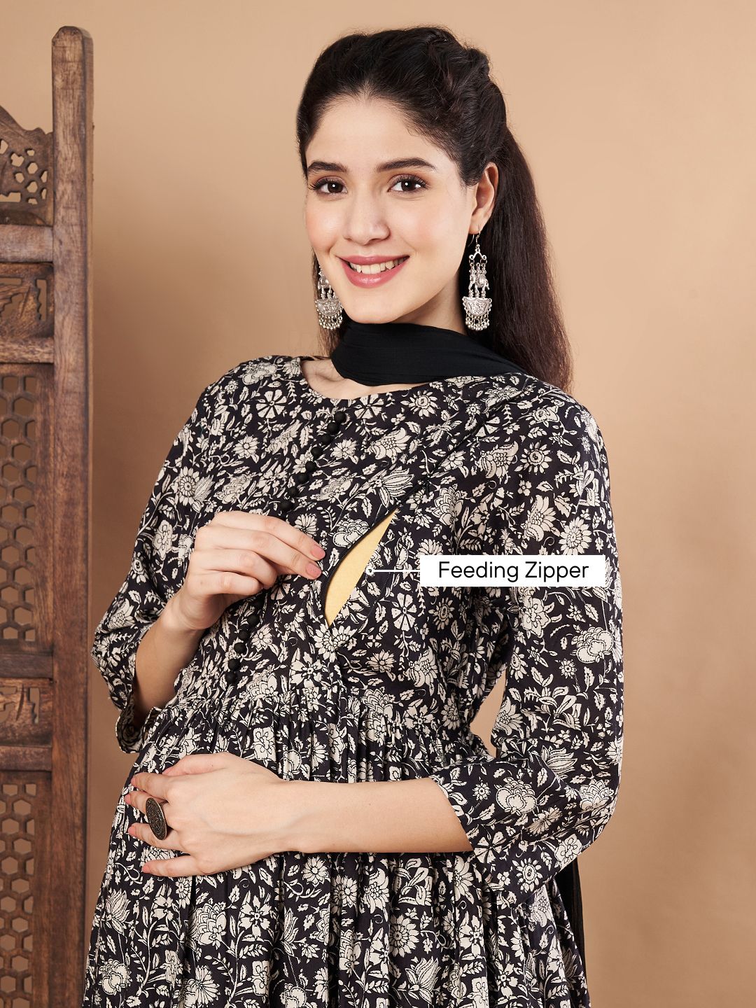 Black Floral Cotton Maternity Kurta with Trouser and Dupatta