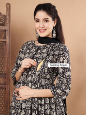Black Floral Cotton Maternity Kurta with Trouser and Dupatta