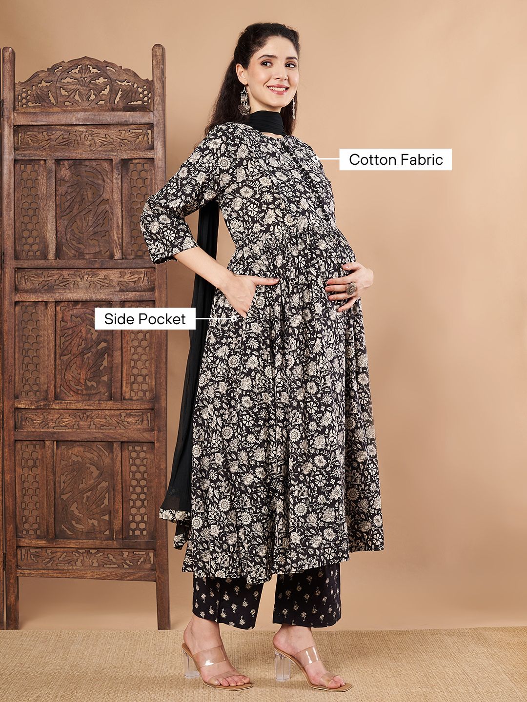 Black Floral Cotton Maternity Kurta with Trouser and Dupatta