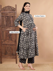 Black Floral Cotton Maternity Kurta with Trouser and Dupatta