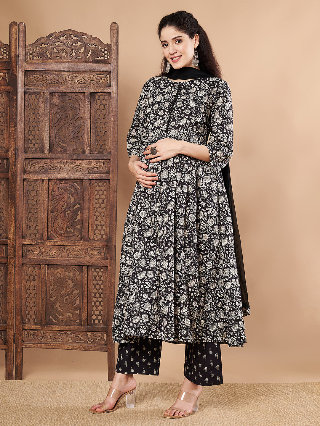 Black Floral Cotton Maternity Kurta with Trouser and Dupatta