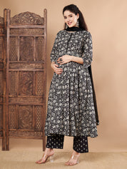Black Floral Cotton Maternity Kurta with Trouser and Dupatta