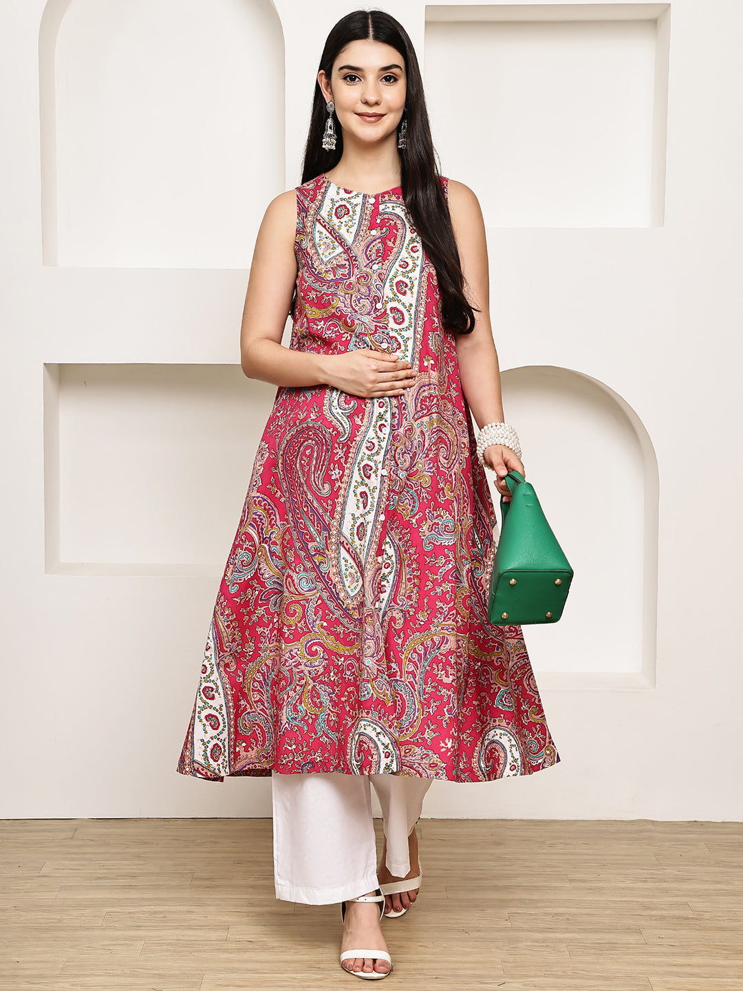 Pink Paisley Cotton Maternity Kurta with Trouser