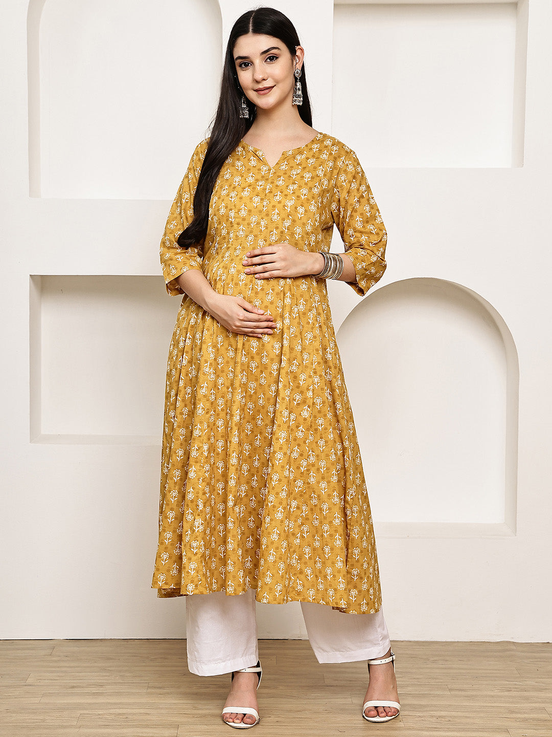 Mustard Floral Cotton Maternity Kurta with Trouser