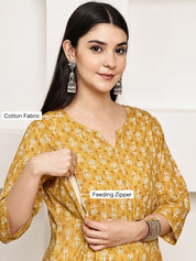 Mustard Floral Cotton Maternity Kurta with Trouser