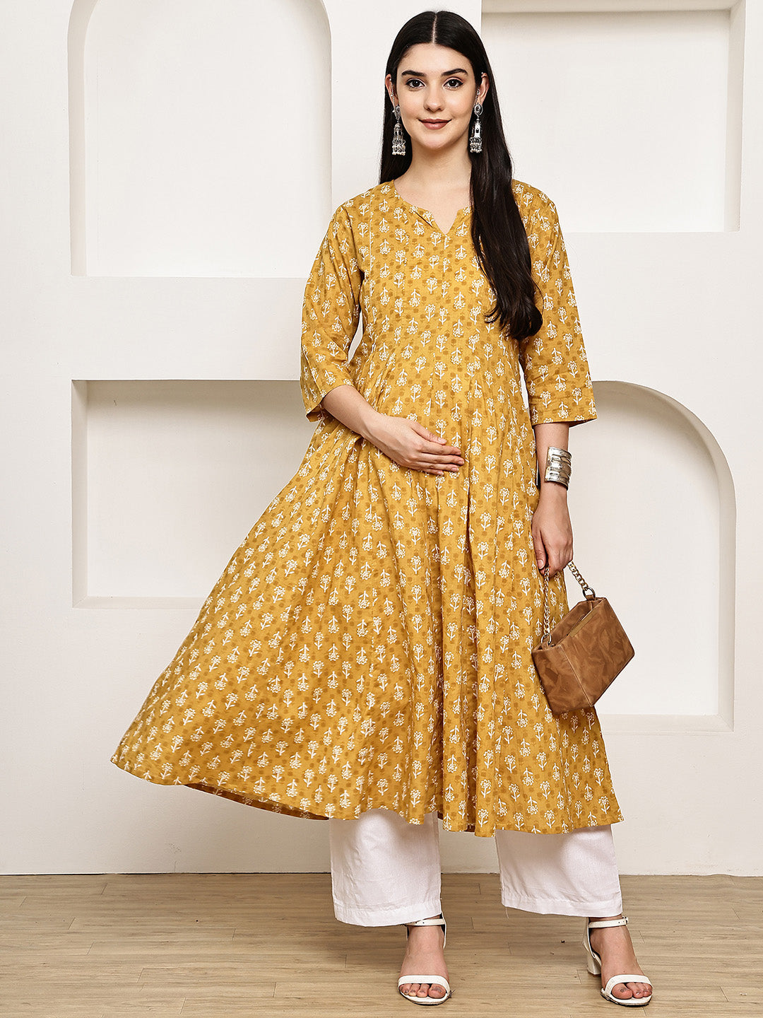 Mustard Floral Cotton Maternity Kurta with Trouser