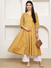 Mustard Floral Cotton Maternity Kurta with Trouser
