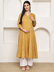 Mustard Floral Cotton Maternity Kurta with Trouser