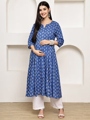 Blue Floral Cotton Maternity Kurta with Trouser