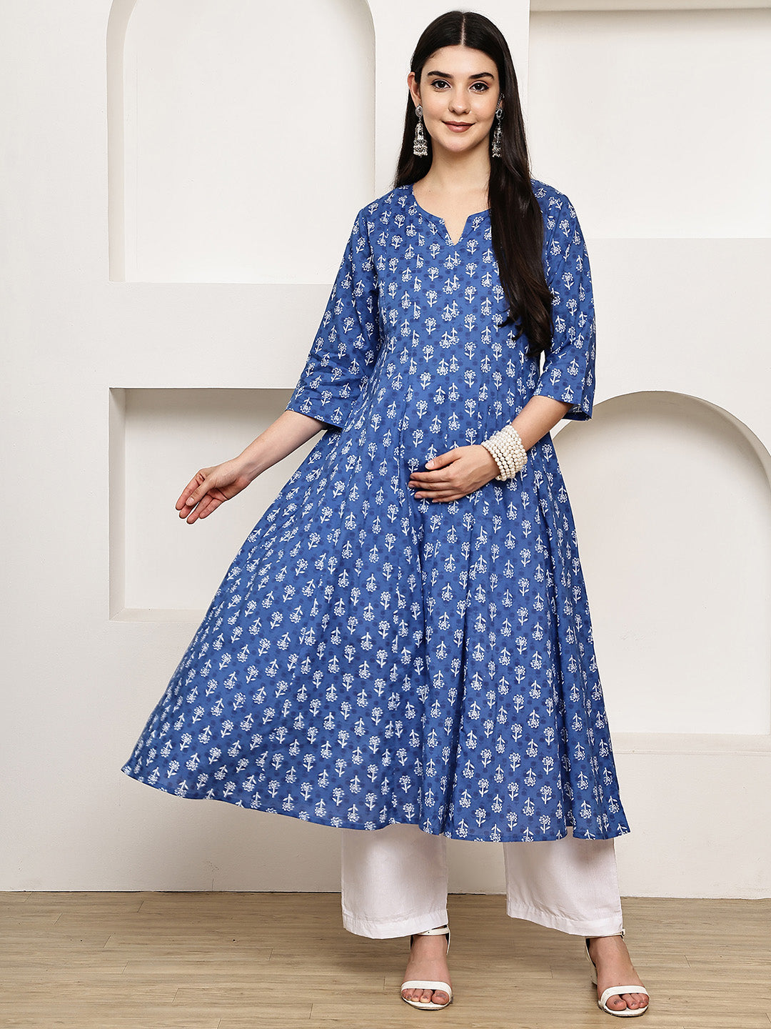Blue Floral Cotton Maternity Kurta with Trouser