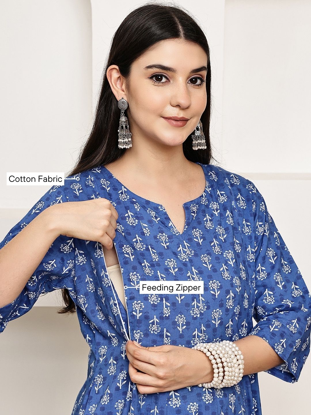 Blue Floral Cotton Maternity Kurta with Trouser