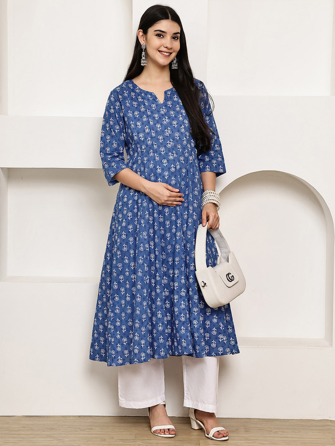 Blue Floral Cotton Maternity Kurta with Trouser