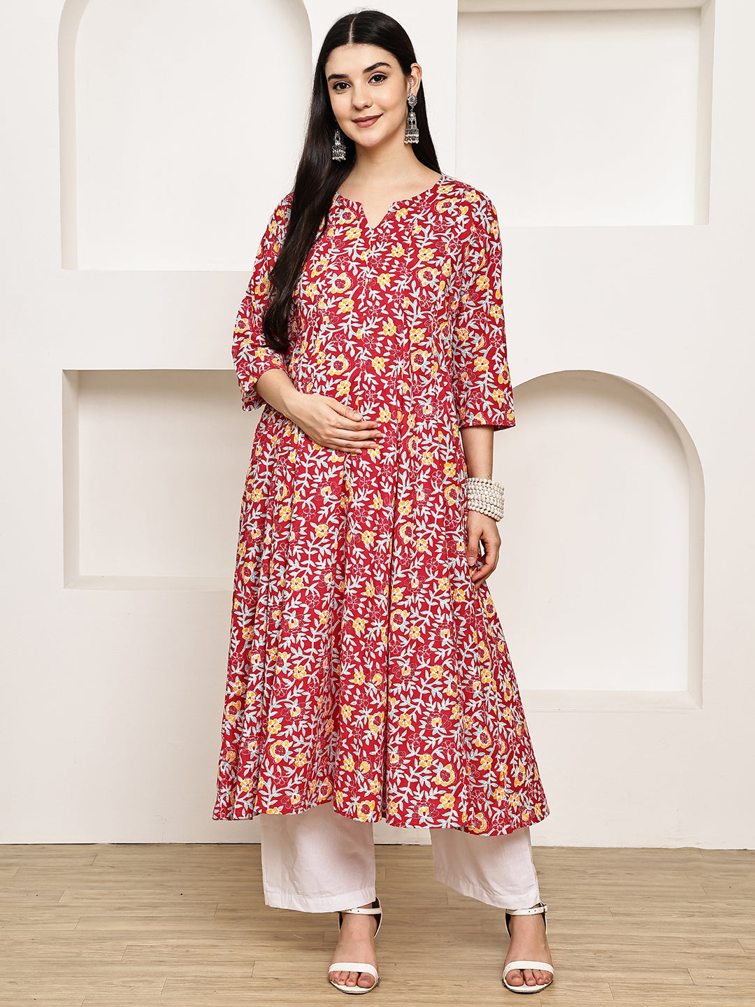 Red Floral Cotton Maternity Kurta with Trouser