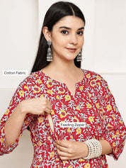 Red Floral Cotton Maternity Kurta with Trouser