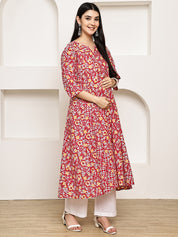 Red Floral Cotton Maternity Kurta with Trouser