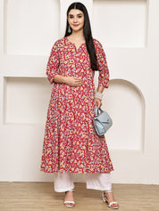 Red Floral Cotton Maternity Kurta with Trouser