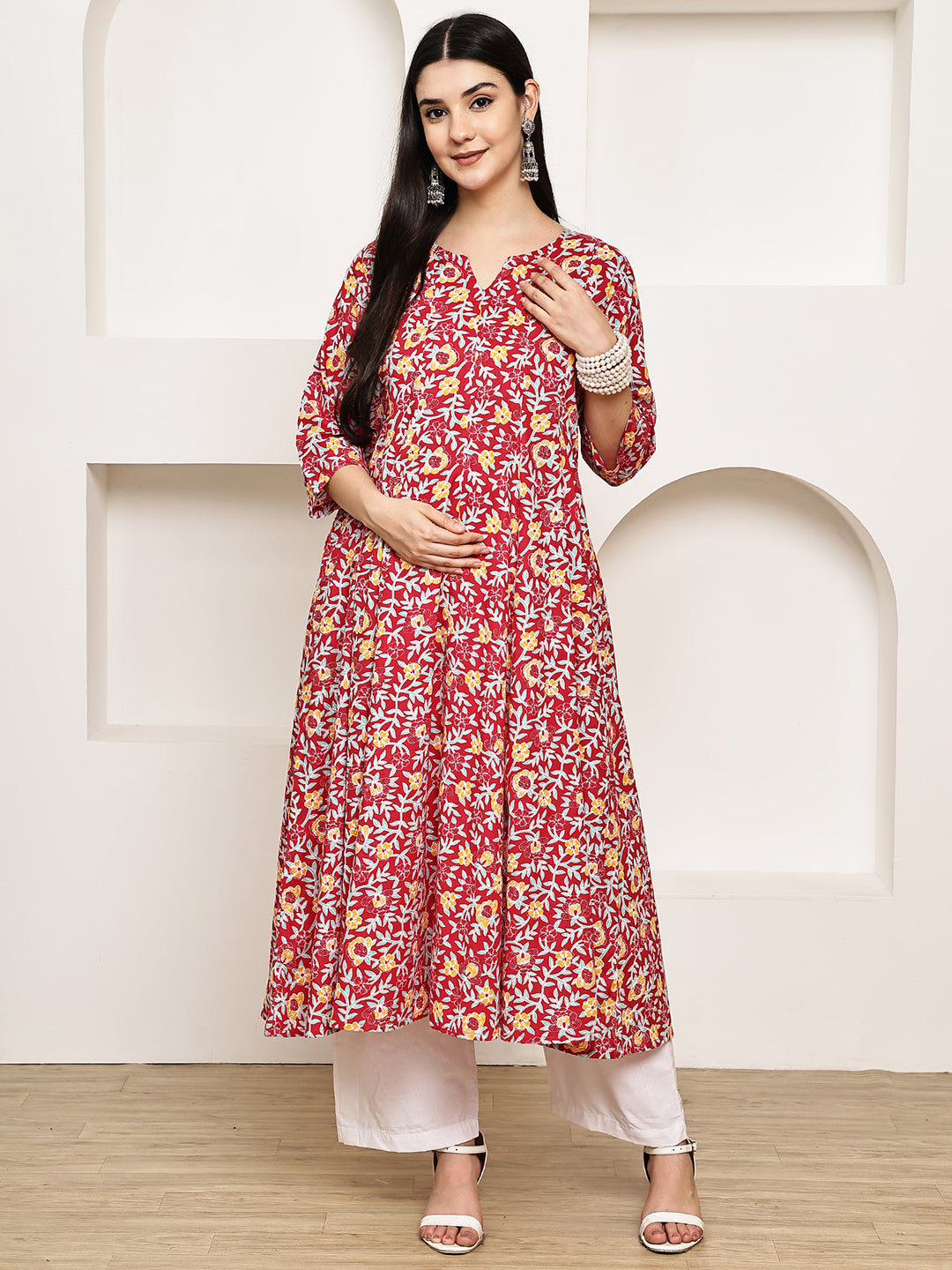 Red Floral Cotton Maternity Kurta with Trouser