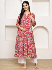 Red Floral Cotton Maternity Kurta with Trouser