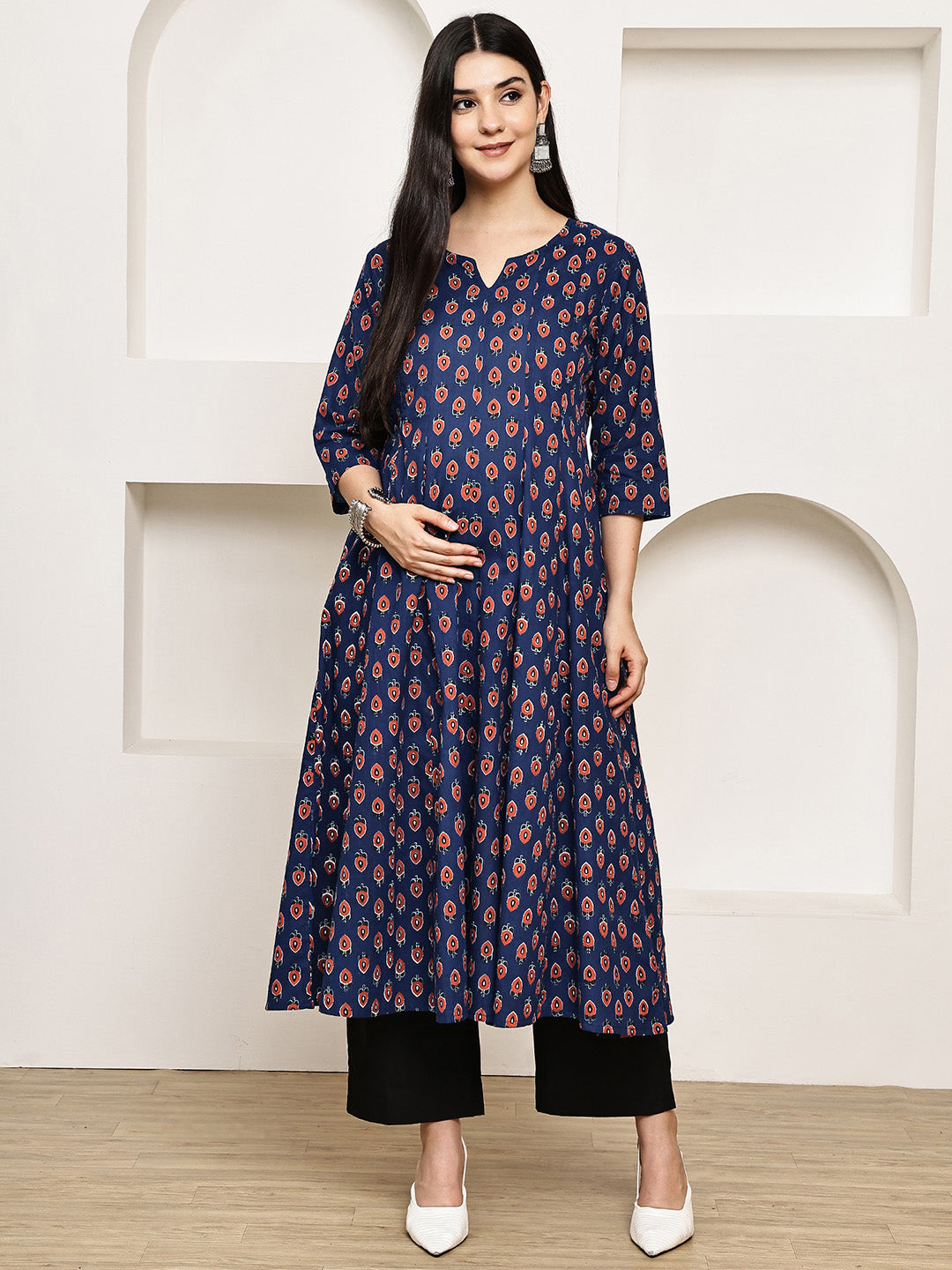 Navy Blue Floral Cotton Maternity Kurta with Trouser