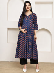 Navy Blue Floral Cotton Maternity Kurta with Trouser