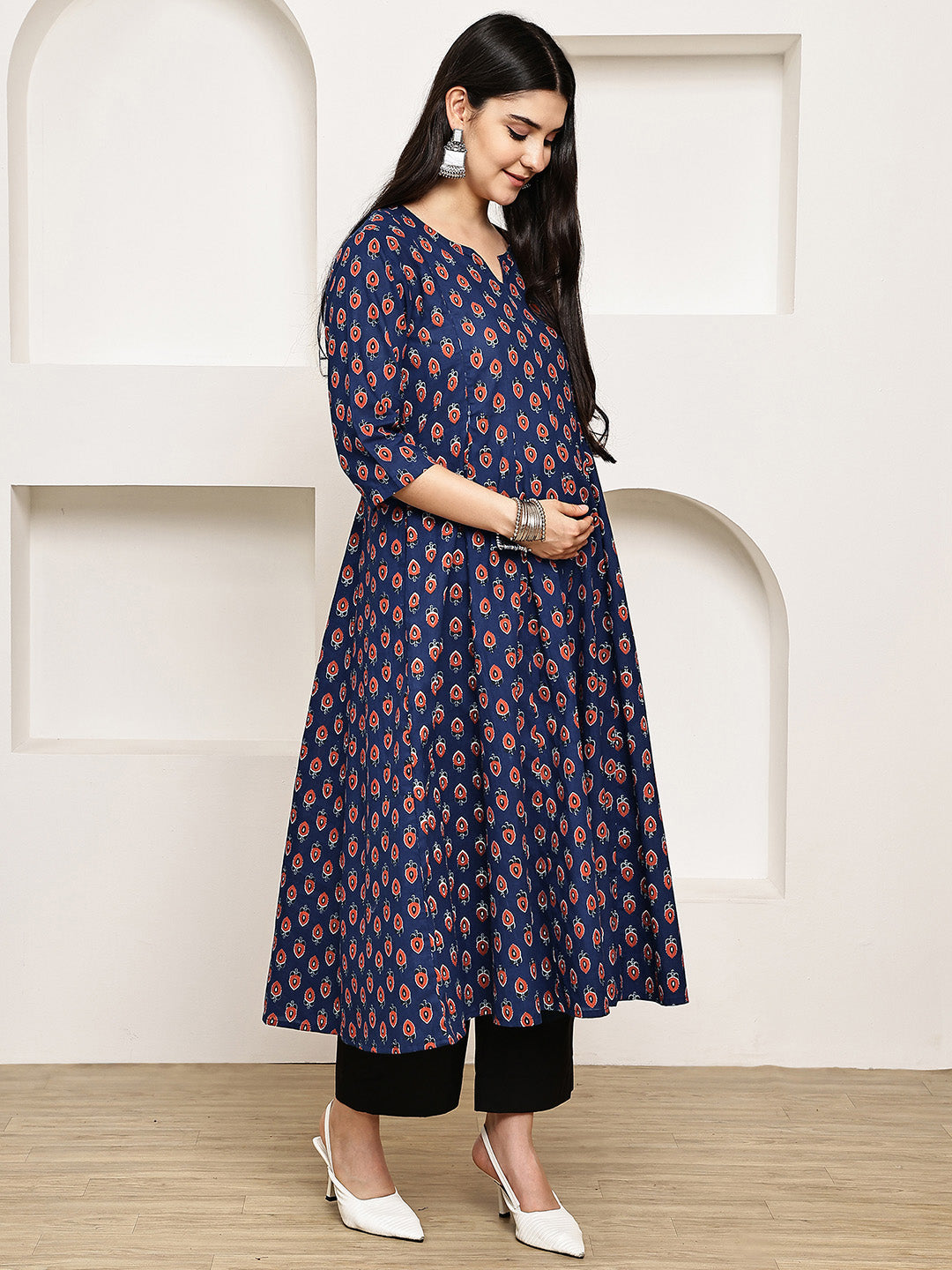 Navy Blue Floral Cotton Maternity Kurta with Trouser