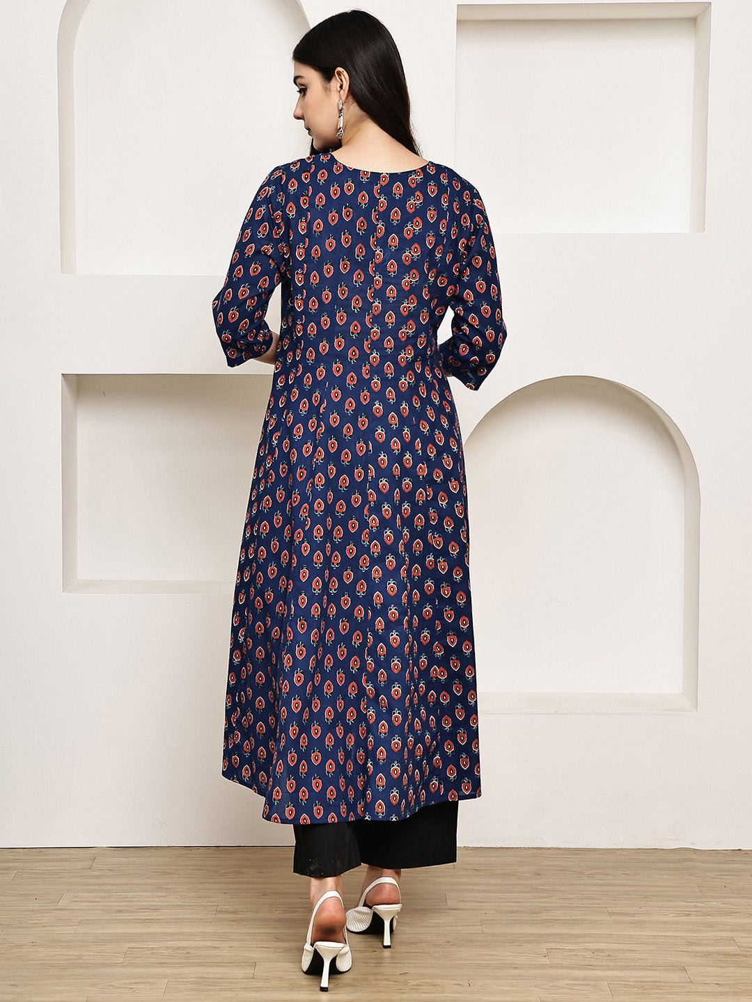 Navy Blue Floral Cotton Maternity Kurta with Trouser