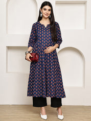 Navy Blue Floral Cotton Maternity Kurta with Trouser