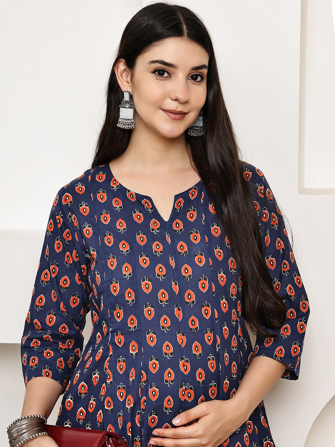 Navy Blue Floral Cotton Maternity Kurta with Trouser